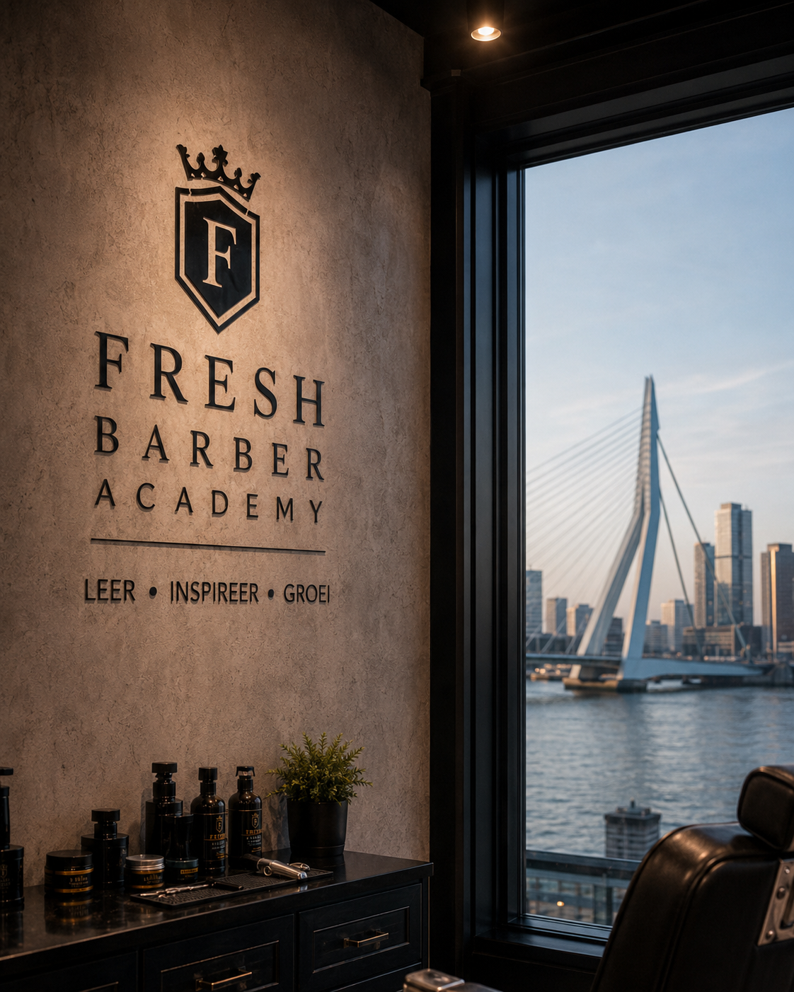 Fresh Barber Academy interieur met uitzicht op de Erasmusbrug